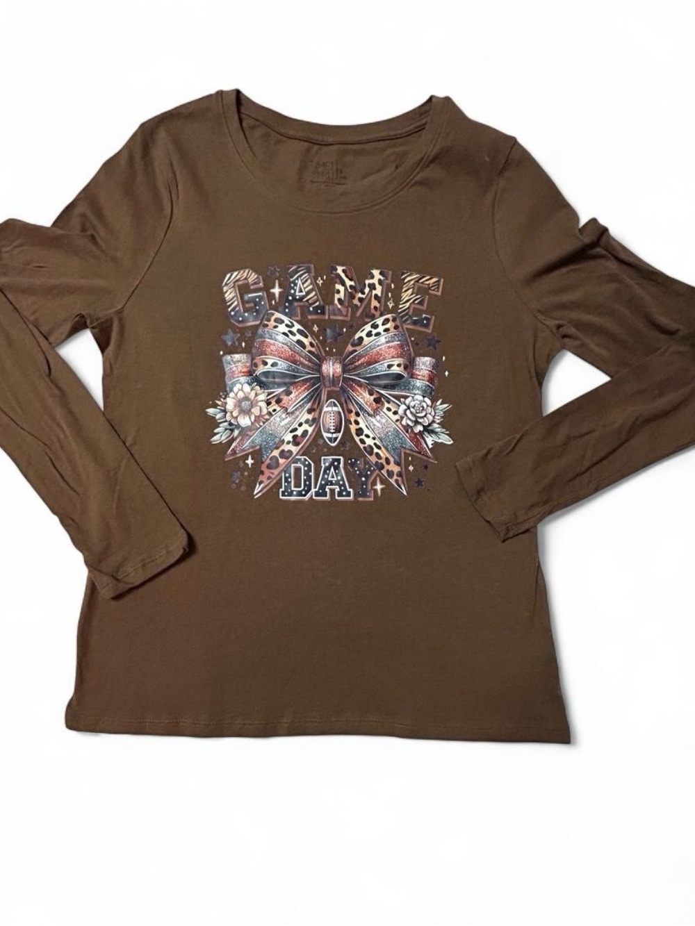 Time and Tru Brown Long Sleeve Game Day Graphic Tee